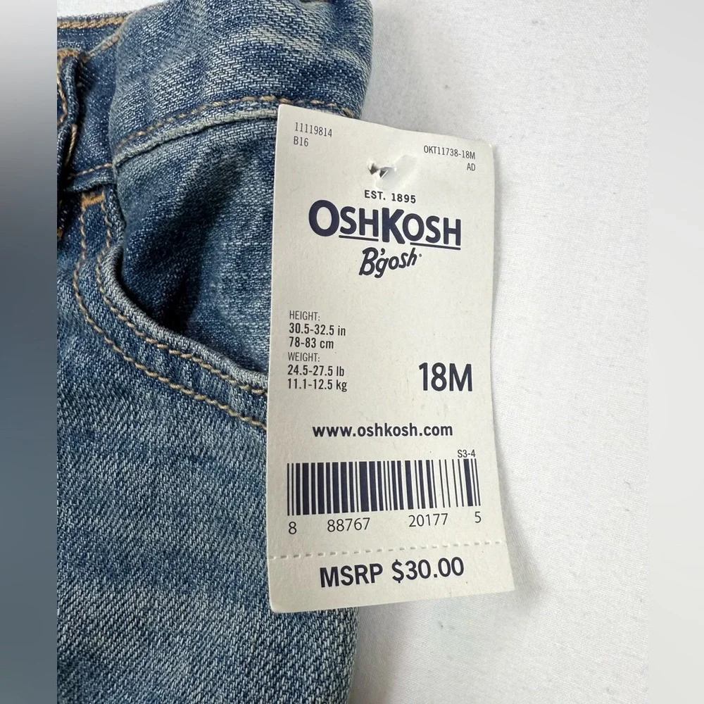 NWT OSHKOSH Boys Straight Jeans 18M Classic Blue Denim‎ Adjustable Waist NEW